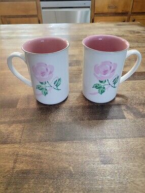 Avon Collectible Breast Cancer Awareness Pink Rose Ceramic Coffee Mugs Set of 2